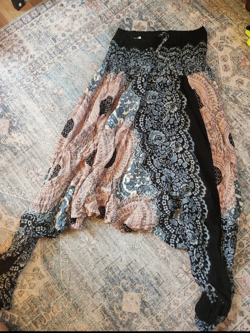 Wide Leg Boho Print Pants in Black and Blush